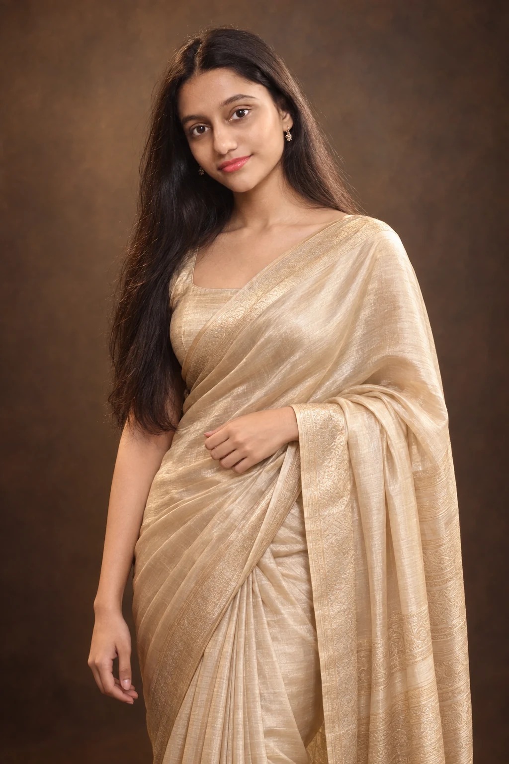 Sreejata in a champagne sari for a studio editorial concept