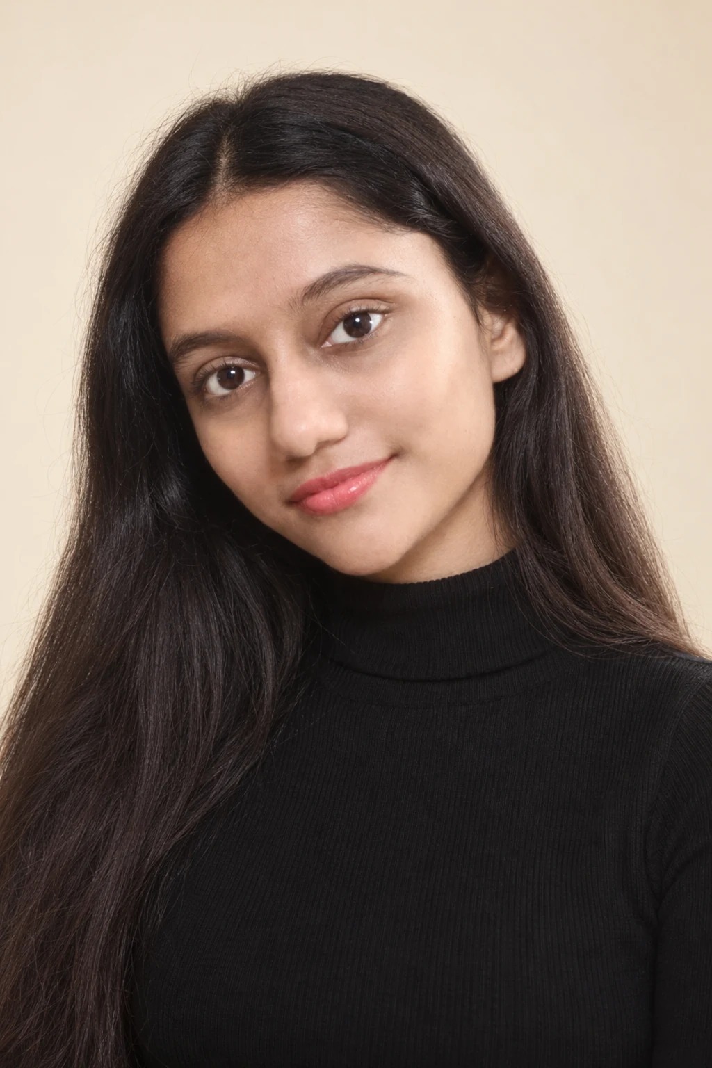 Sreejata in a black turtleneck for a beauty portrait editorial concept